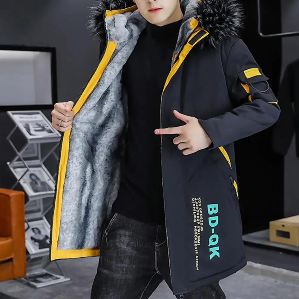 Autumn Winter Parkas Jacket for Men Patchwork Color Jacket Hooded Fleece Thick Mid-length Coat Cotton-Padded Long Jacket