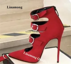 Linamong Suede Thin Heel Metal Buckles Pumps Elegant Pointed Toe Red Black Cut-out Straps Stiletto Heel Dress Shoes Party Heels