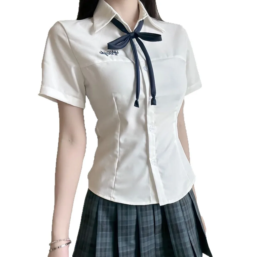 Kemeja Seragam Sekolah JK Serbaguna Warna Putih Susu Gaya Akademi Jepang, Atasan Pelajar Wanita Musim Panas untuk Pakaian Kasual Harian di Kampus.