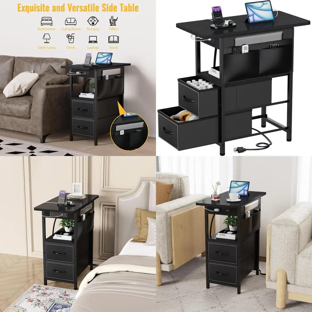 

Compact Charging Side Table with Storage, USB Ports & Power Outlets for Living Room, Bedroom, and Small Spaces