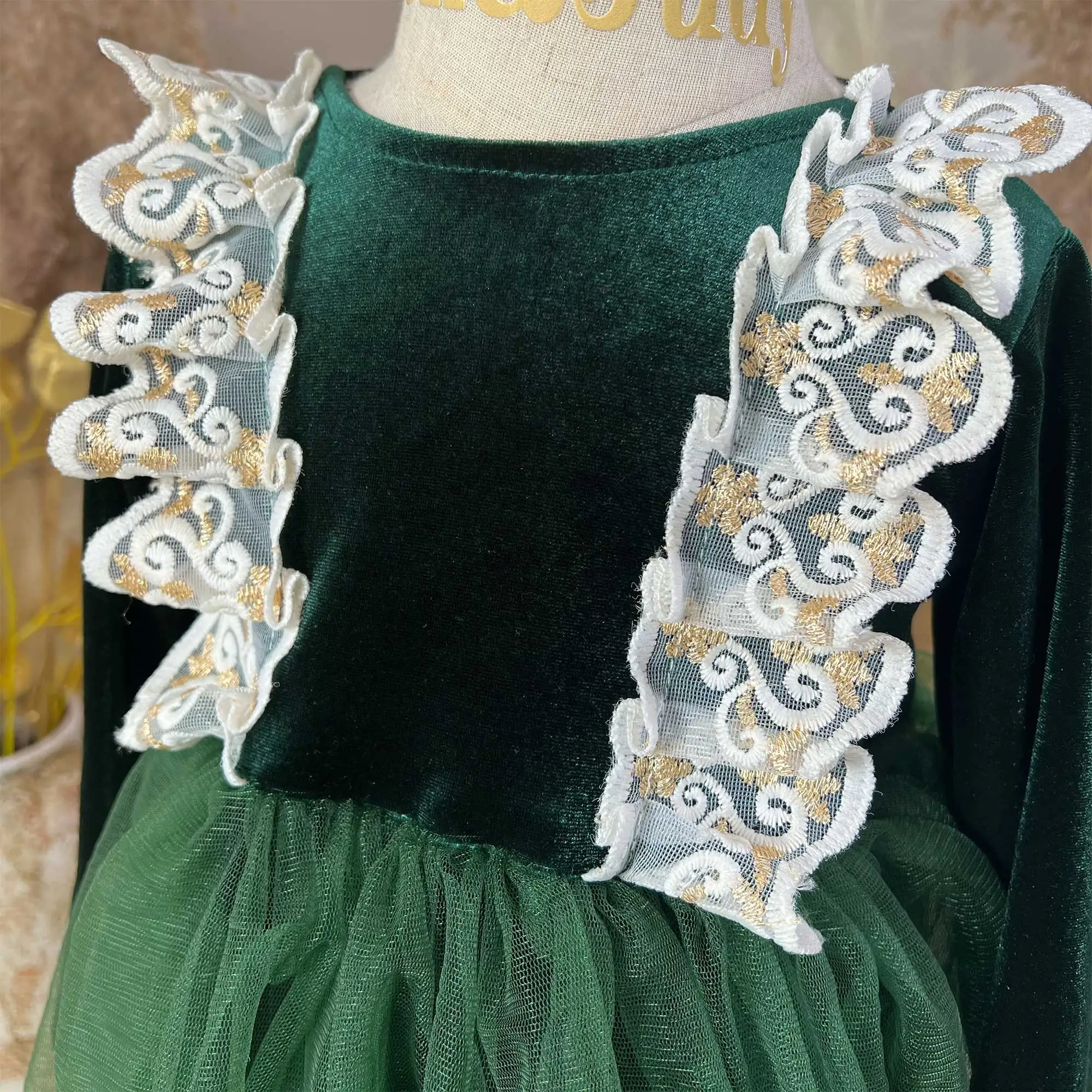 Vestido de veludo com gola redonda, mangas compridas, decorações de renda e saia de tule, vestidos de festa para meninas, fotografia para crianças