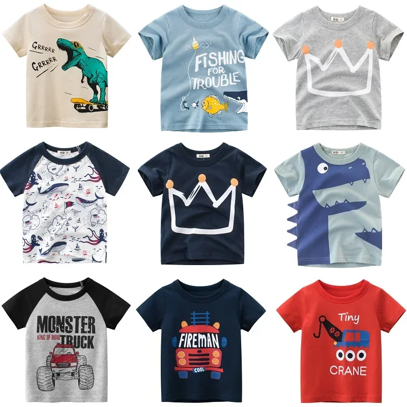 2-9 Y Boys T-Shirts Cartoon Animals Baby Kids Tees Children Cotton Short Sleeves Summer Tops Car Dinosaur Shark Printing