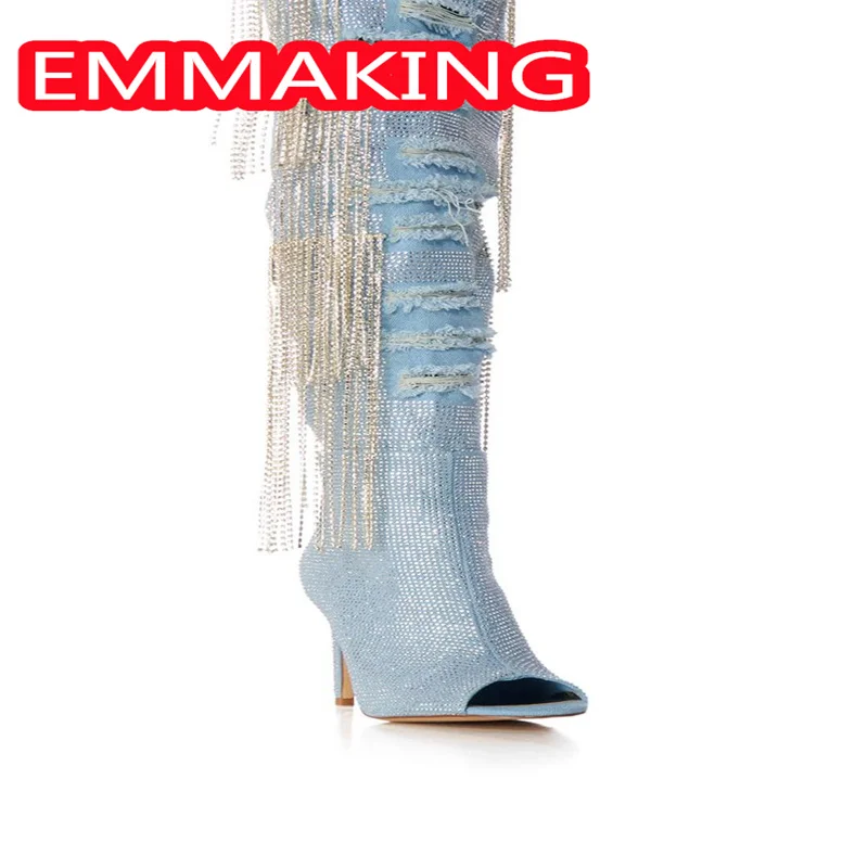 Demin Blue Peep Toe Diamonds Ladies Winter Long Boots 2024 Women Crystal Tassels Side Zipper Blingbling Fashion Booties Shoes