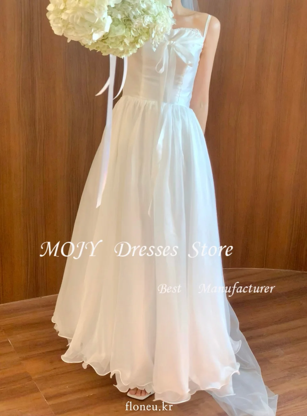 Mojy A-line Simple Wedding Dresses Spaghetti Straps Draped Floor-Length Bridal Gown Photo Shoot Dresses Customized Organza