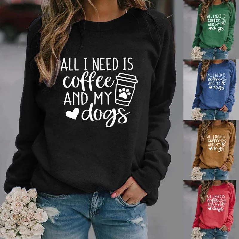 ALL I NEED IS Coffee AND MY Dogs Long Sleeve Pullover Women's Casual Fall Fashion Crew Neck Sweater