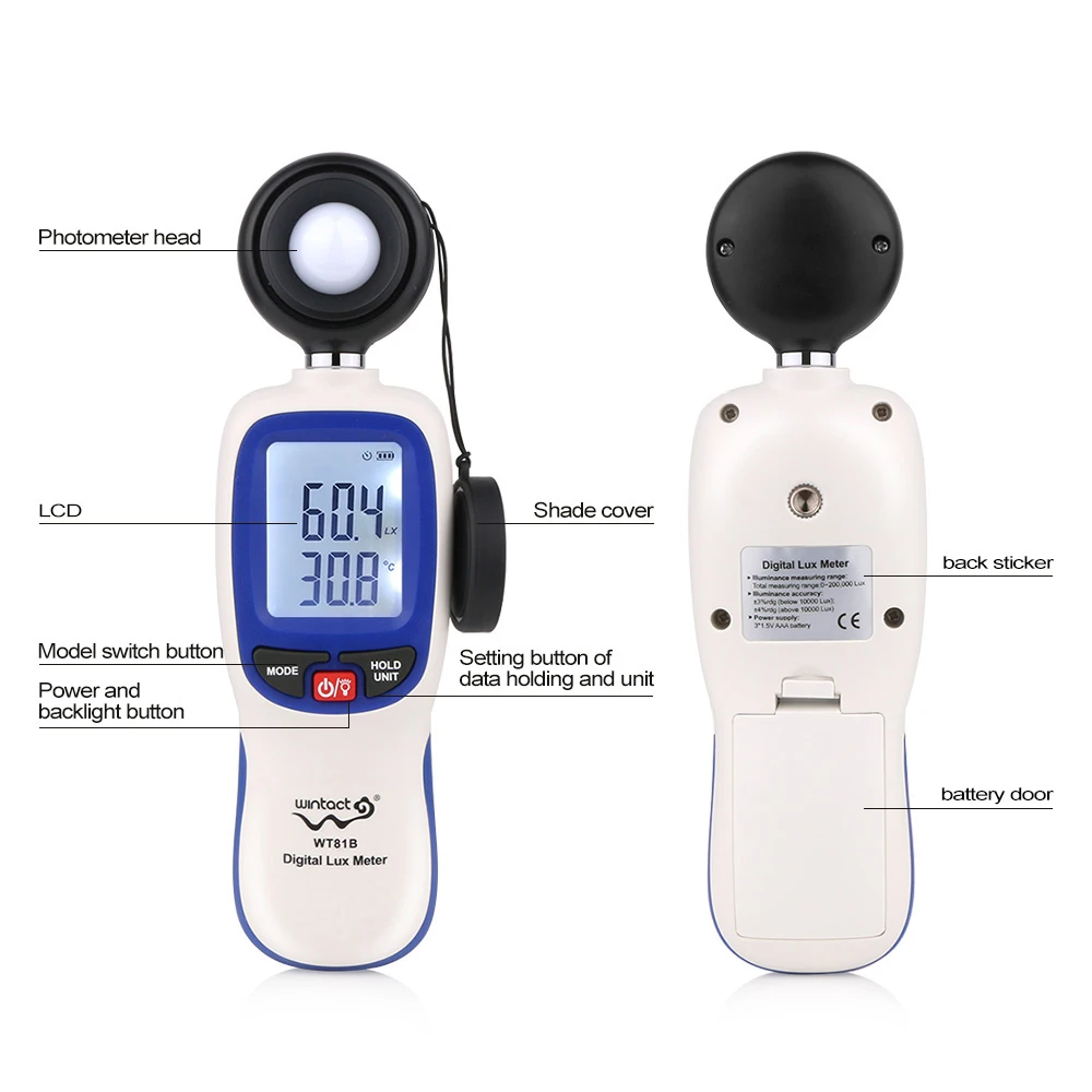 WINTACT Digital Lux Meter 200,000 Lux Digital LCD Pocket Light Meter Lux/FC Measure Tester illuminometer Sensor Photometer WT81