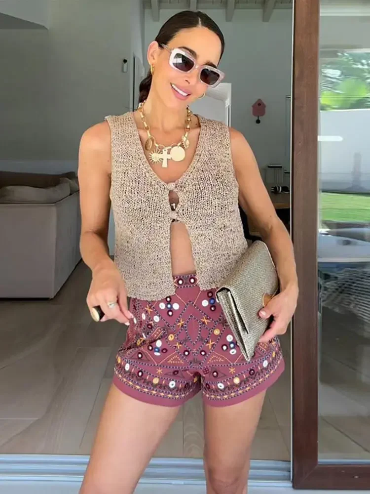 Embroidery Wide Leg Women Shorts Beach High Waist All Match Female Pants 2026 Summer High Street Patchwork Lady Streetwears New