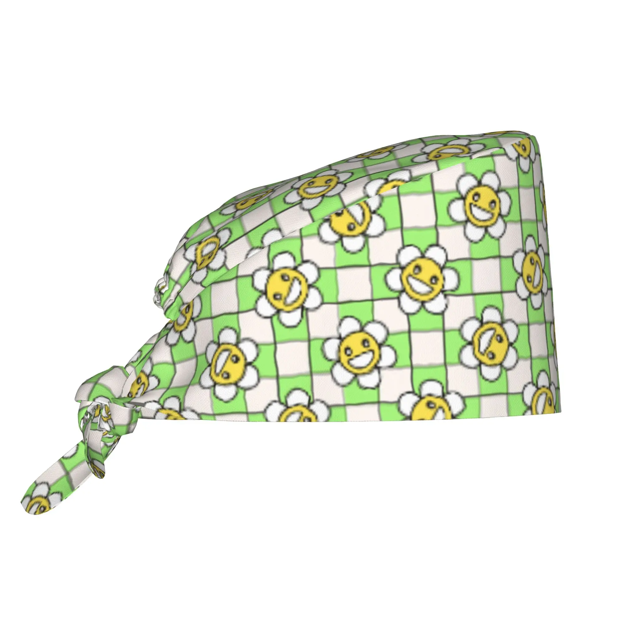 Happy Face Daisy Flower   Cleaning Working Cap Cool Unisex Green Checkered  Scrub Cap Surgicals Hat Nurse Scrubs Hat Nurse