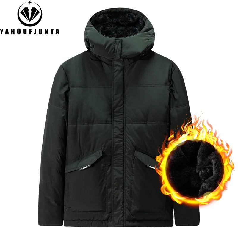 2024 Winter Men Outdoor Windproof Warm Solid Hooded Parka Jacket Men Waterproof Fleece Zipper Casual Fashion Jacket Male Coat