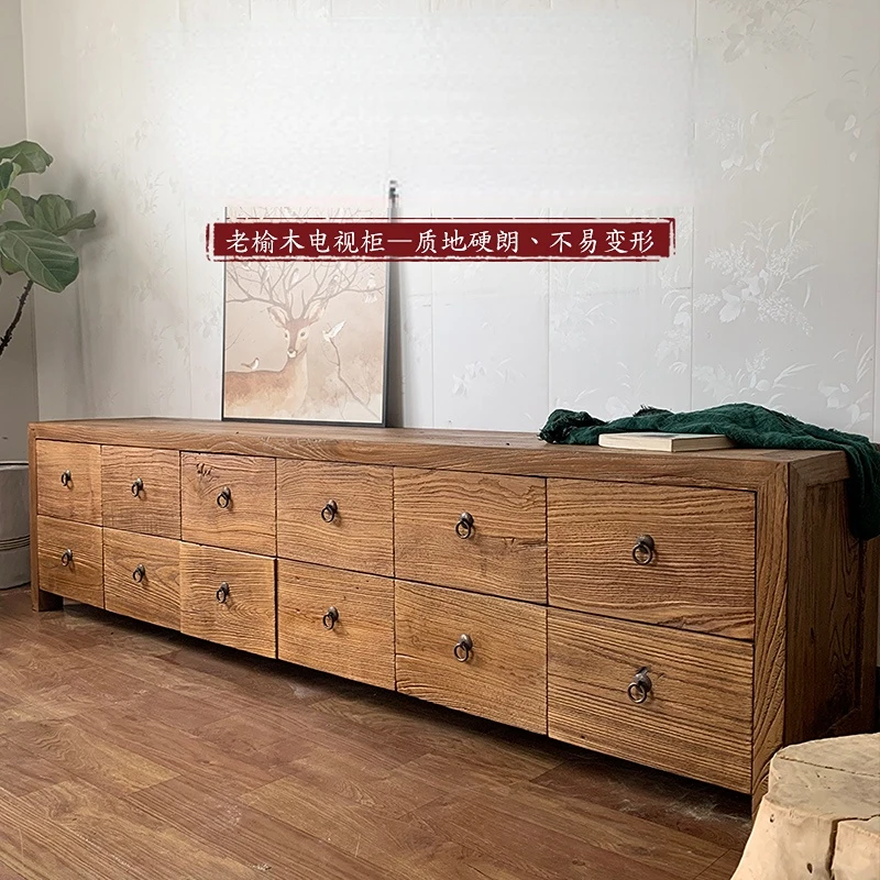 Old elm wood TV cabinet, solid wood Chinese style living room floor cabinet, weathered old door panel storage cabinet