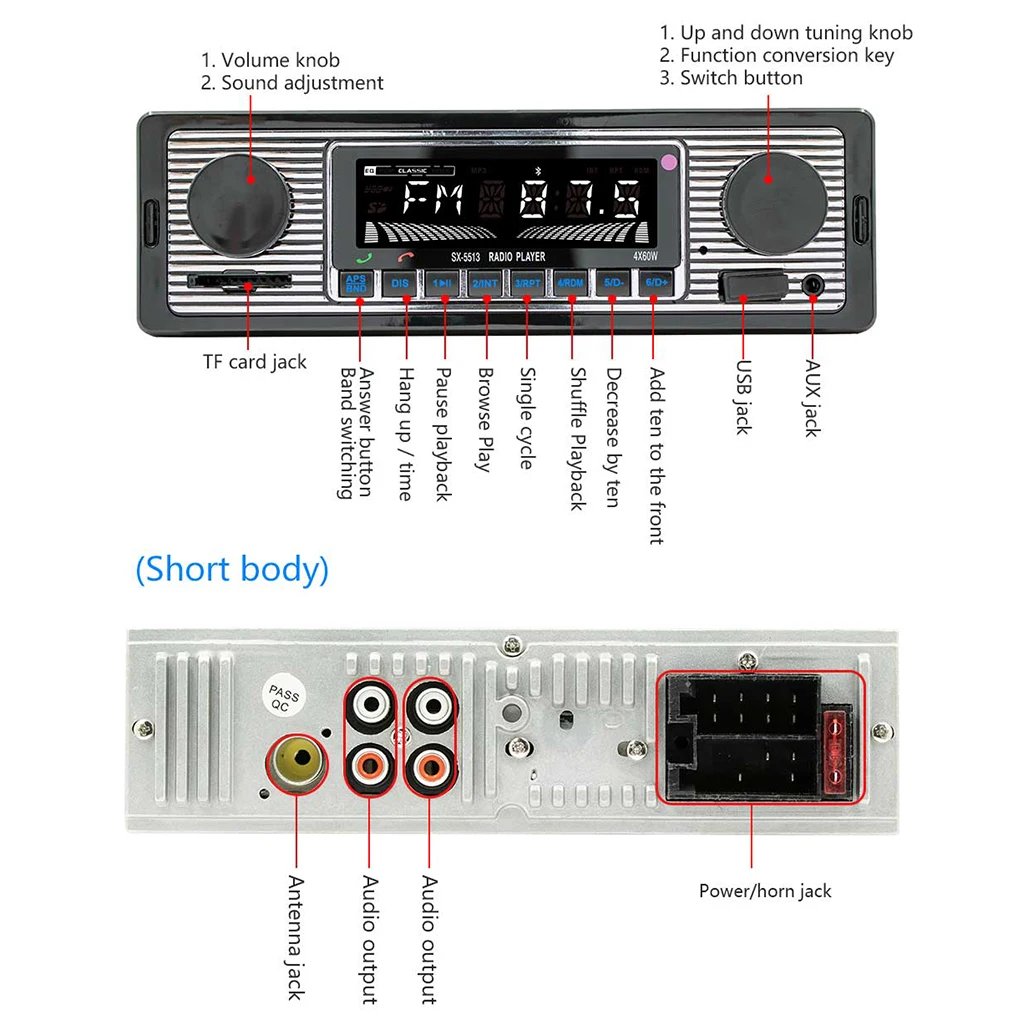 자동차 레트로 오디오 리시버, 12V 1 DIN 스테레오 FM 블루투스 MP3 오디오 플레이어, 핸드폰 핸즈프리 디지털 USB SD, 대시 보조 입력 포함