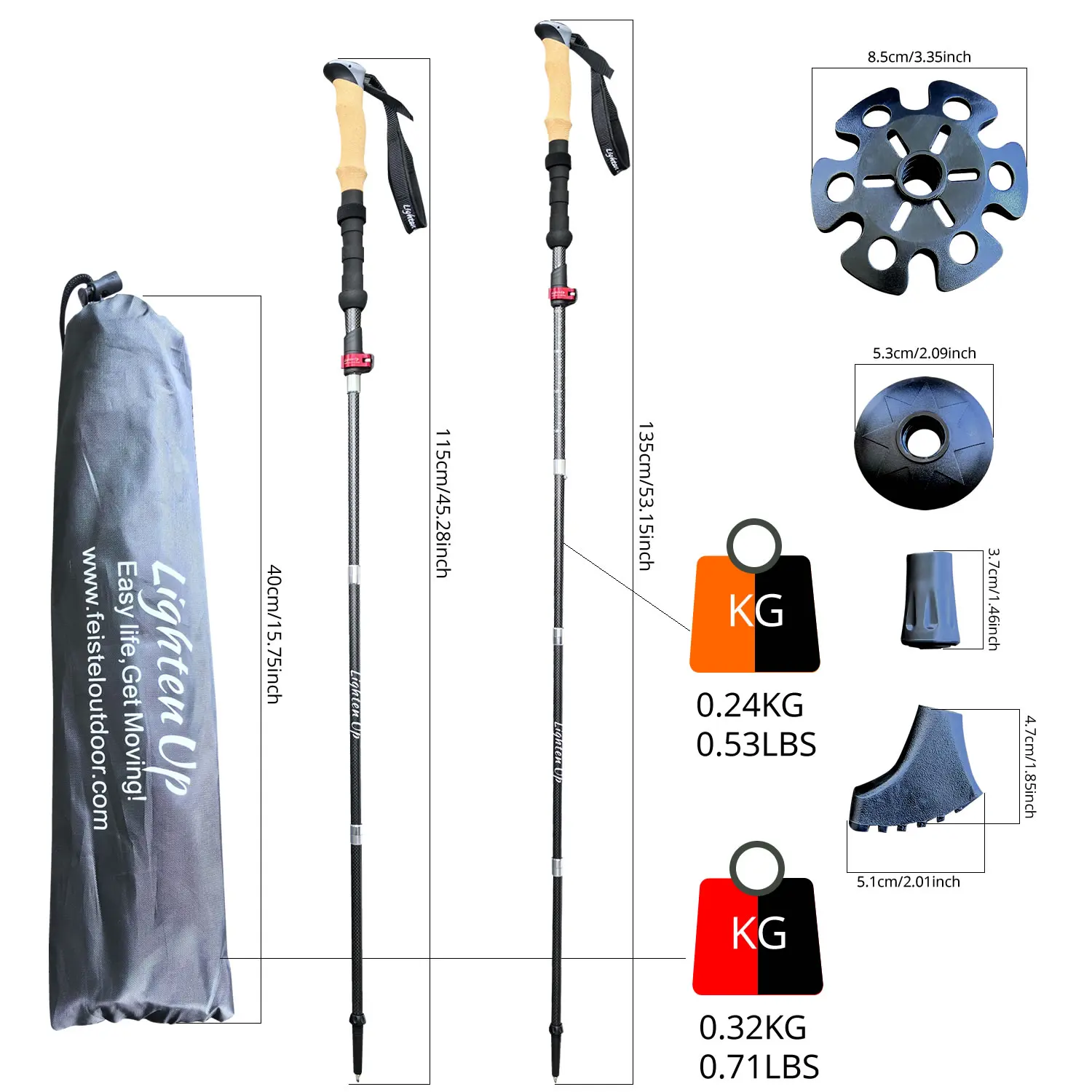 Outdoor Trekking Pole Climbing Ultralight Carbon Fiber Telescopic Matte Outside Lock Pole Triple Folding Cane EVA+Cork Handle