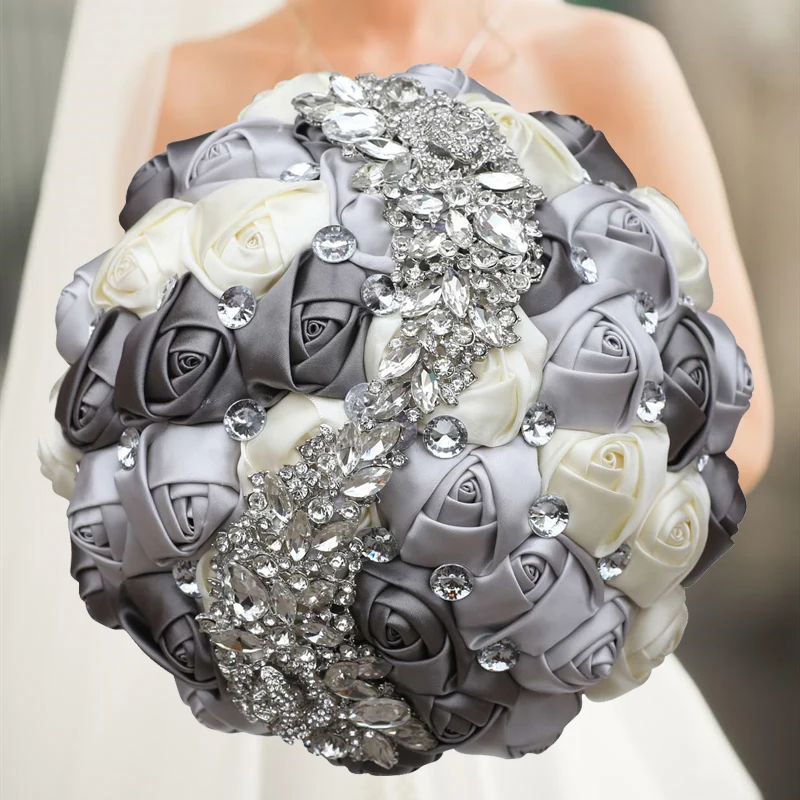 High Quality Wedding Bouquet Bridesmaids Flowers in White Black color Bling Rhinestone Bridal Flowers Party Home Accessories