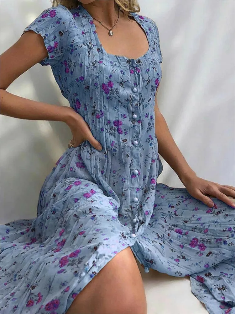 Summer New Single-breasted Floral Short Sleeved Women\'s Dresses Fashion Slim Elegant Female Casual Beach Swing Dresses 2024