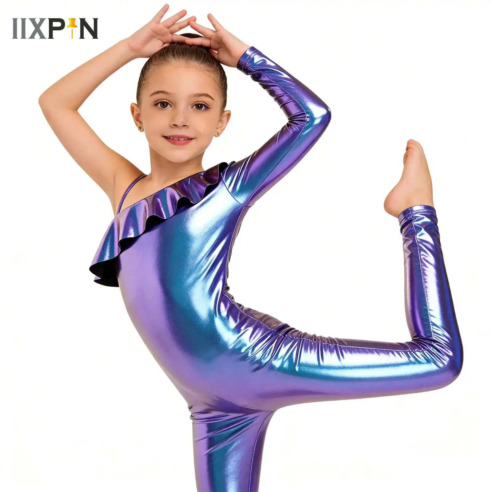 

Kid Girls Metallic Ballet Jazz Dance Performance Costume 70s Hippie Single Sleeve Ruffle Full Length Bodysuit Jumpsuit Yoga Suit
