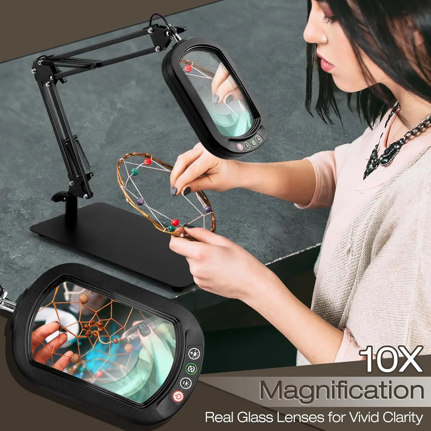 Square Magnifying Glass with Light and Stand, Real Glass 5 Color Modes, Brightness Stepless Dimming Lighted Magnifier Hands Free