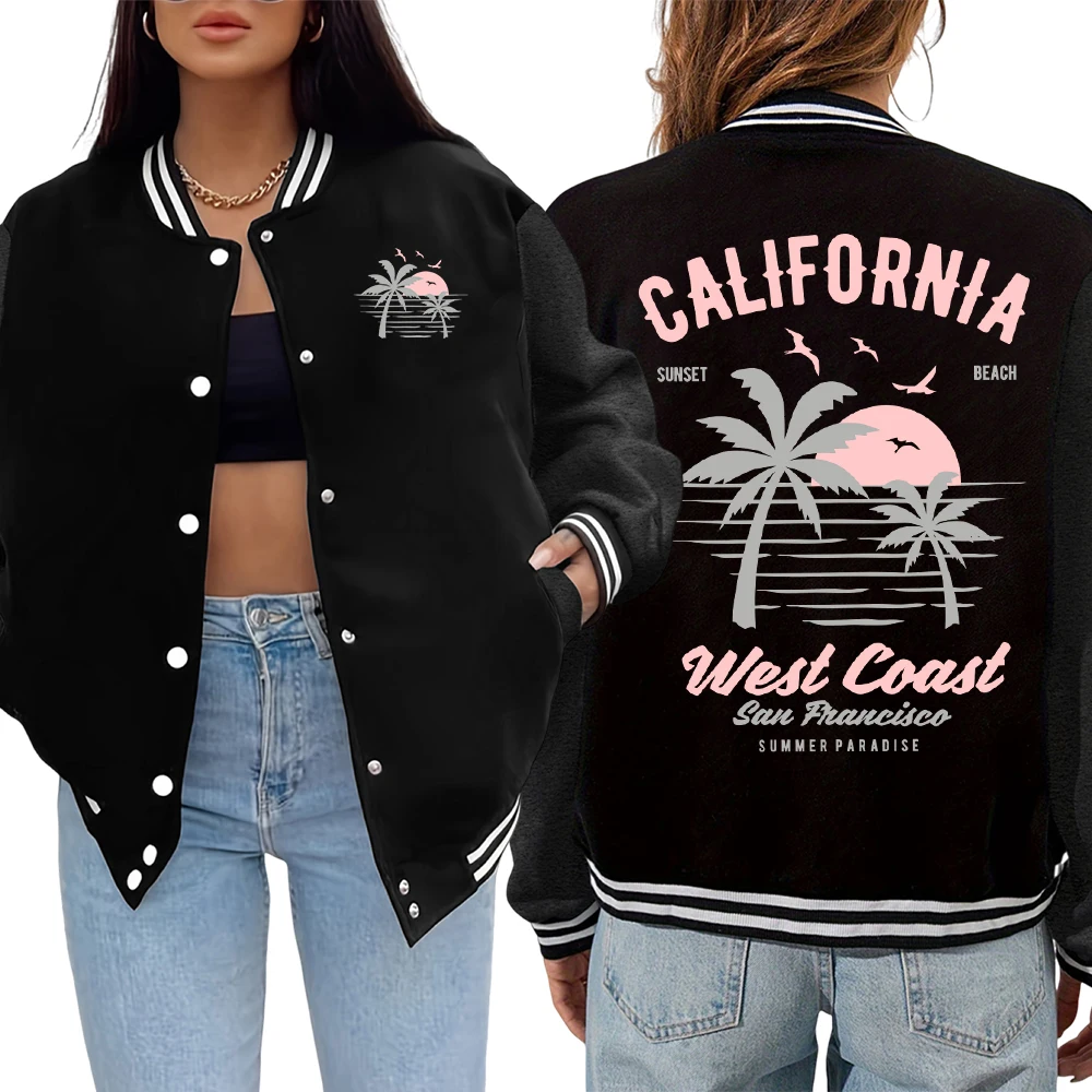 

California West Coast Beach Sunsets Print Jacket Woman Hip Hop All-Match Uniform Fashion Loose Jackets Casual Comfortable Veste