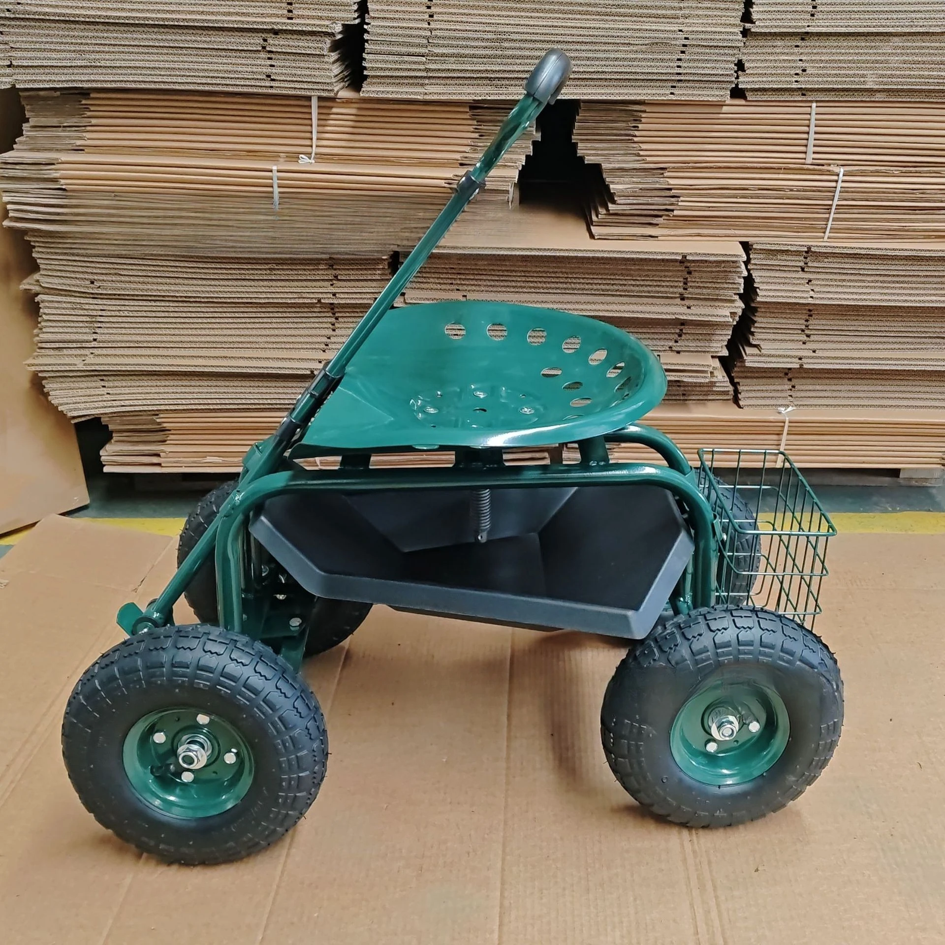 عربة أدوات الحديقة بمقعد قابل للتعديل تدور 360 درجة، عربة بستنة حديدية بأربع عجلات مع إطار خلفي #4