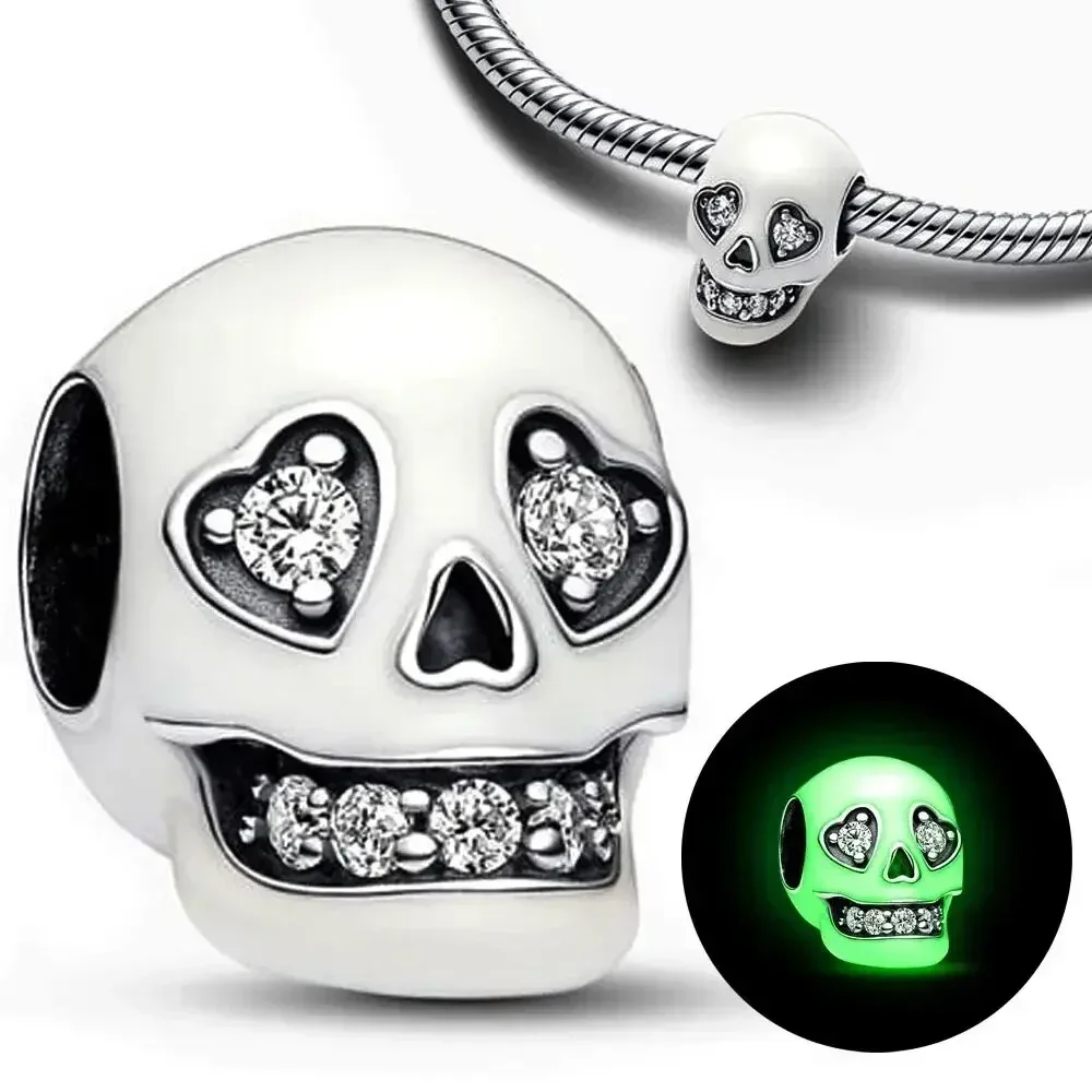 Original 925 Sterling Silver Luminous Beads Charms Pumpkin Ghost Skull Witch Candy for Pandora Bracelet Jewellery Halloween Gift