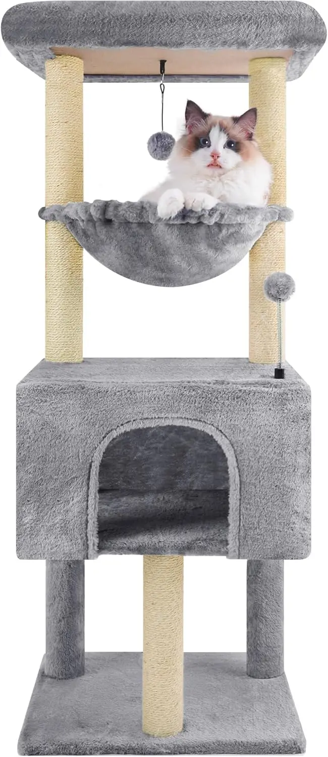 

43.3' Grey Cat Tree with House for Cats, Fashion Design