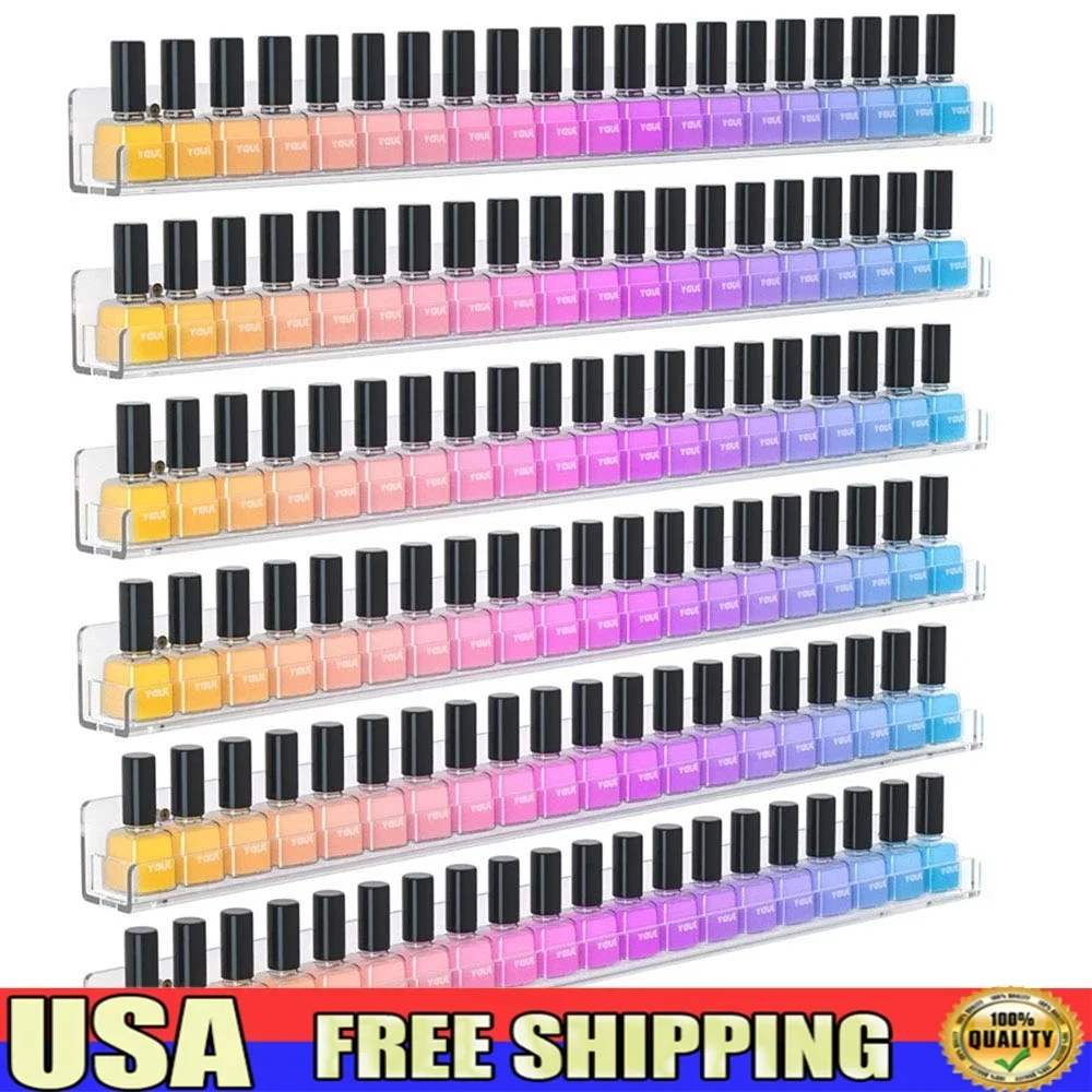 

24-дюймовая настенная стойка для лака для ногтей, акриловый органайзер, 6-уровневая плавающая полка, дисплей со съемными противоскользящими вставками