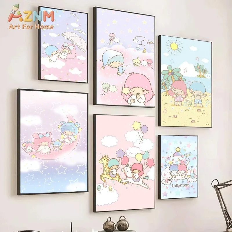 Sanrio Little Twin Stars Cloud Umbrella Seagull Canvas Wall Art Unframed Canvas Poster Print for Girls Bedroom Home Decor Gift