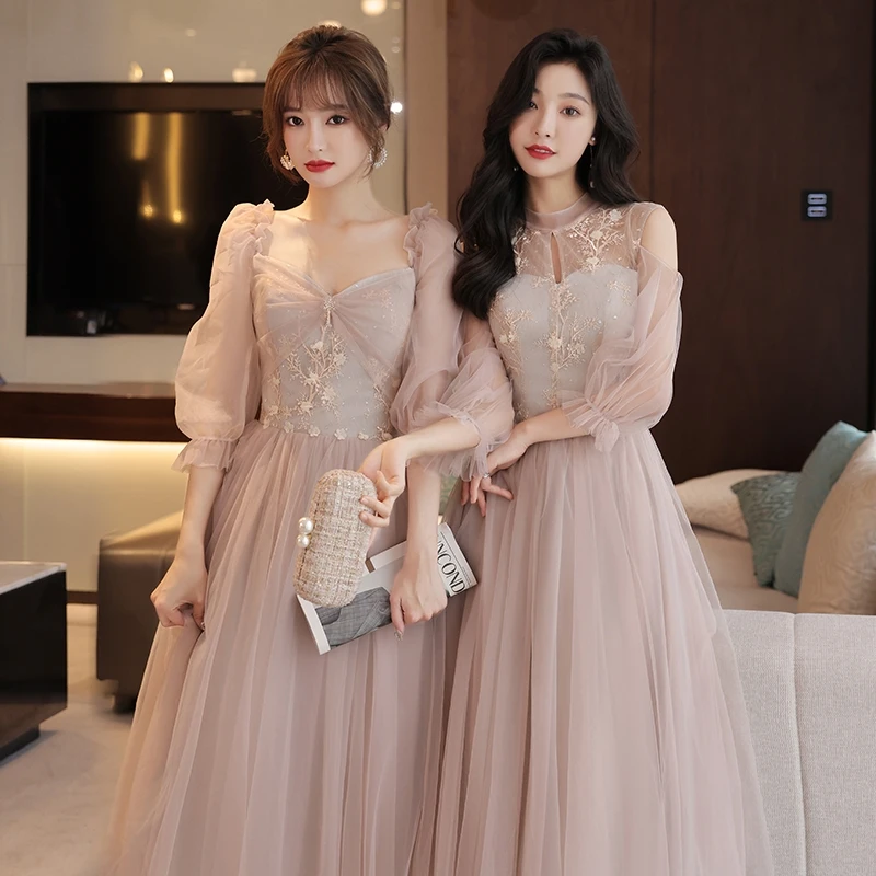 Pink Bridesmaid Dress Tulle Lace-up Women Temperament Floor-length Long Sleeve Evening Gowns Wedding Party Sisters Group Dresses