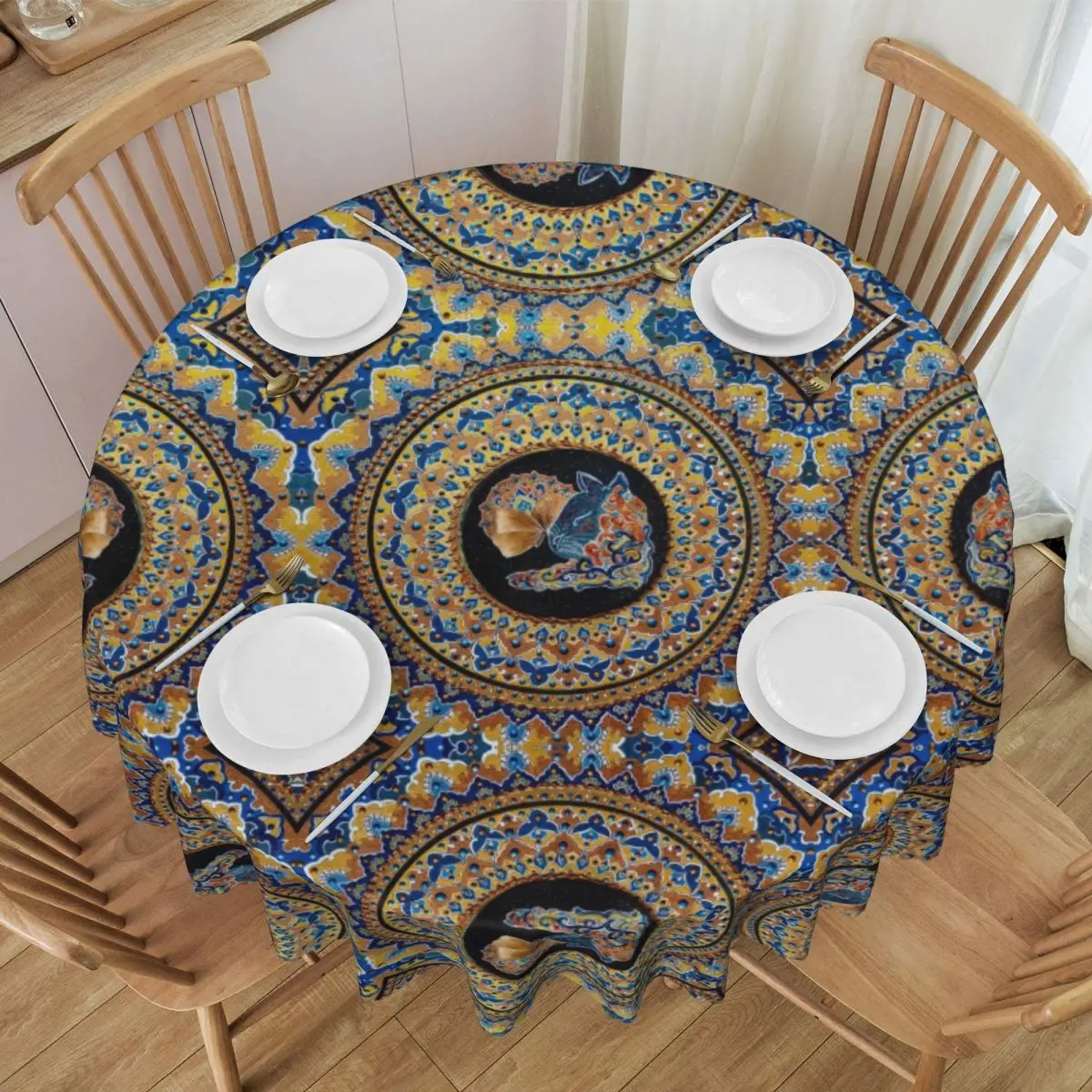 Round Oilproof Cat Butterfly Golden And Blue Mandala Table Cover Bohemian Tablecloth for Picnic 60 inch Table Cloth