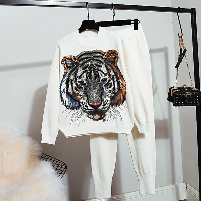 

Black White Gray Knit Tracksuits Women Set Loose Casual Beading Sequins Tiger Pullover Sweater Pencil Pants 2pc Outfits Female