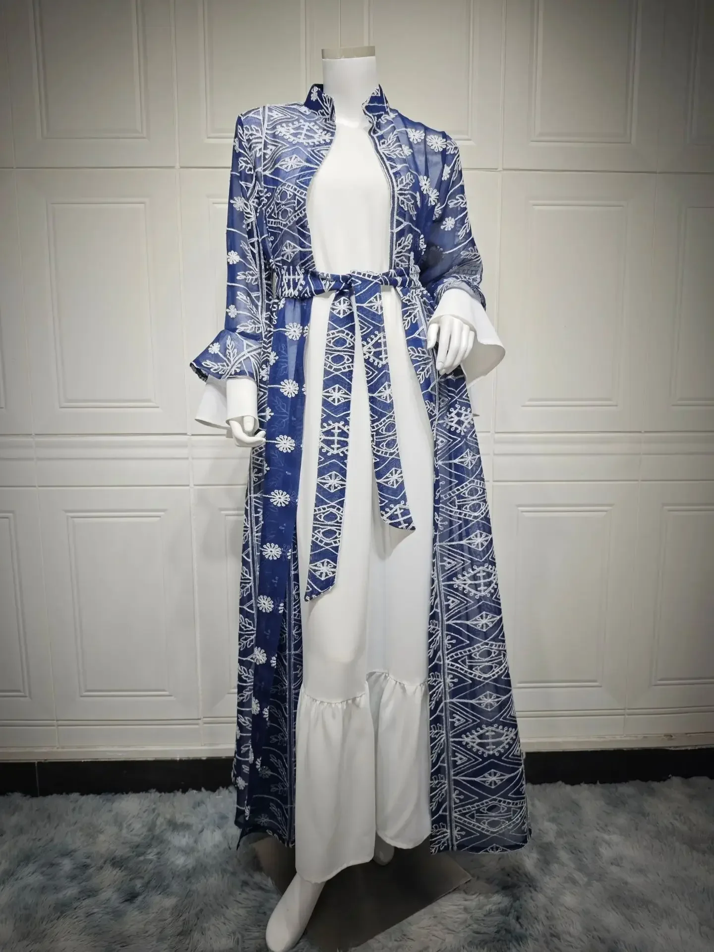 The Two-piece Set of 2024 Autumn Women's Clothing, Including A Long Dress with Flared Sleeves and An Embroidered Cardigan.