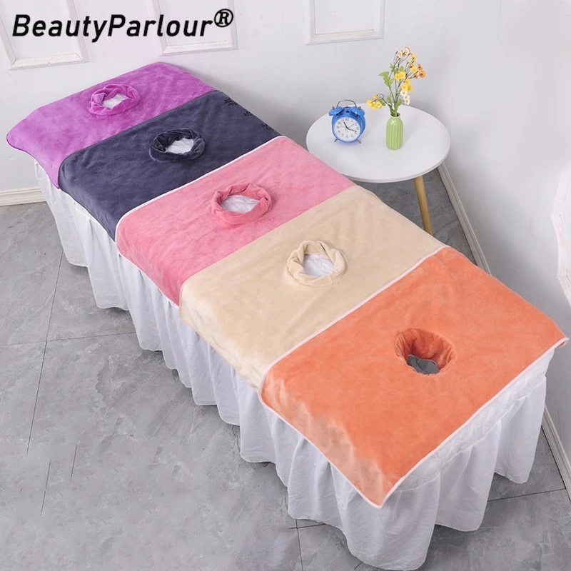 1PCS 40*80cm Superfine Fiber Thickened Beauty SPA Massage Table Planking Face Towel With Hole Bed Bandana Towels Coral Velvet