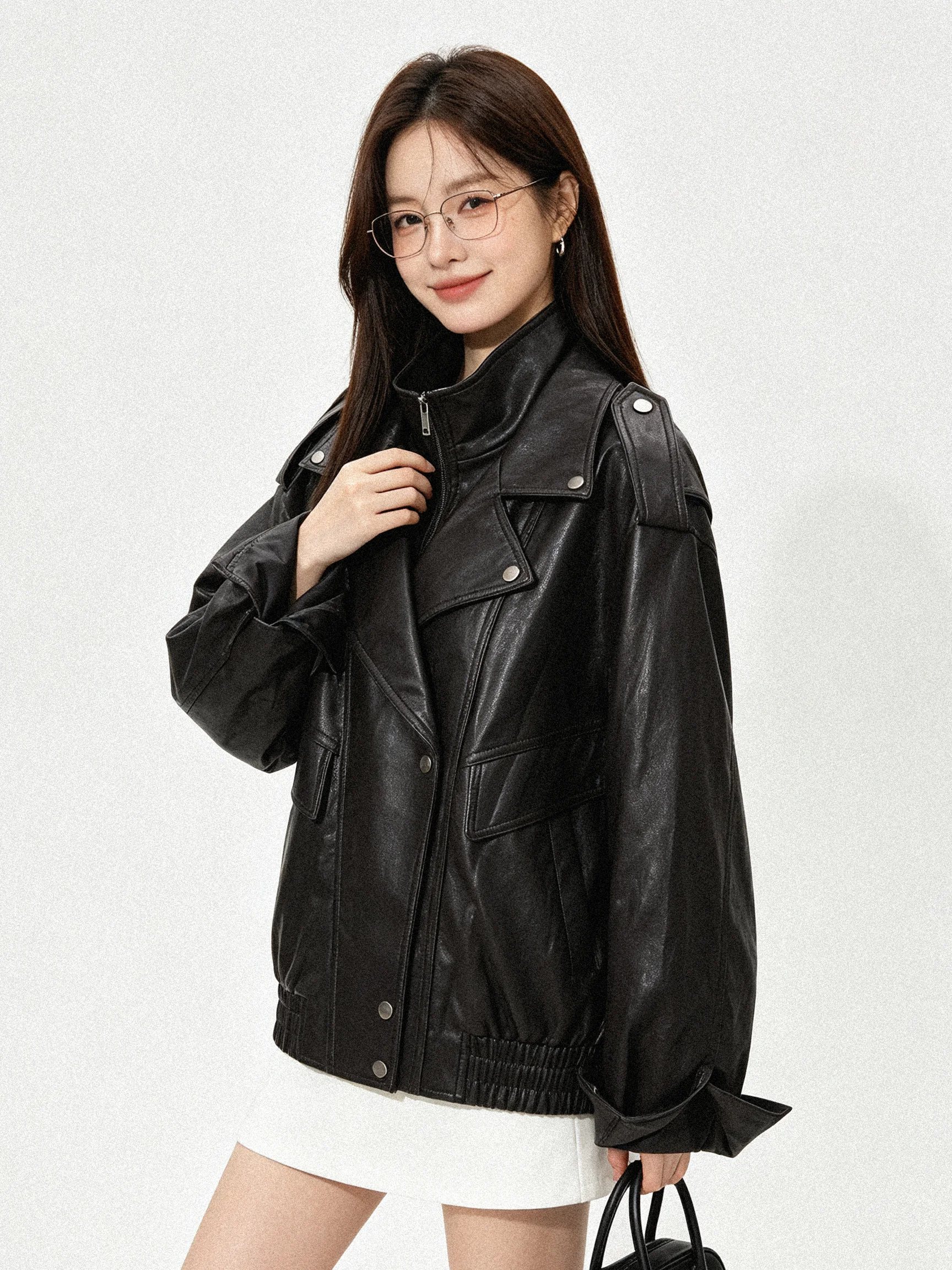 Washed PU Leather Jacket American Retro Style Loose Motorcycle Jacket Stand Collar Fake Two-Piece Short Korean Style Women's ...