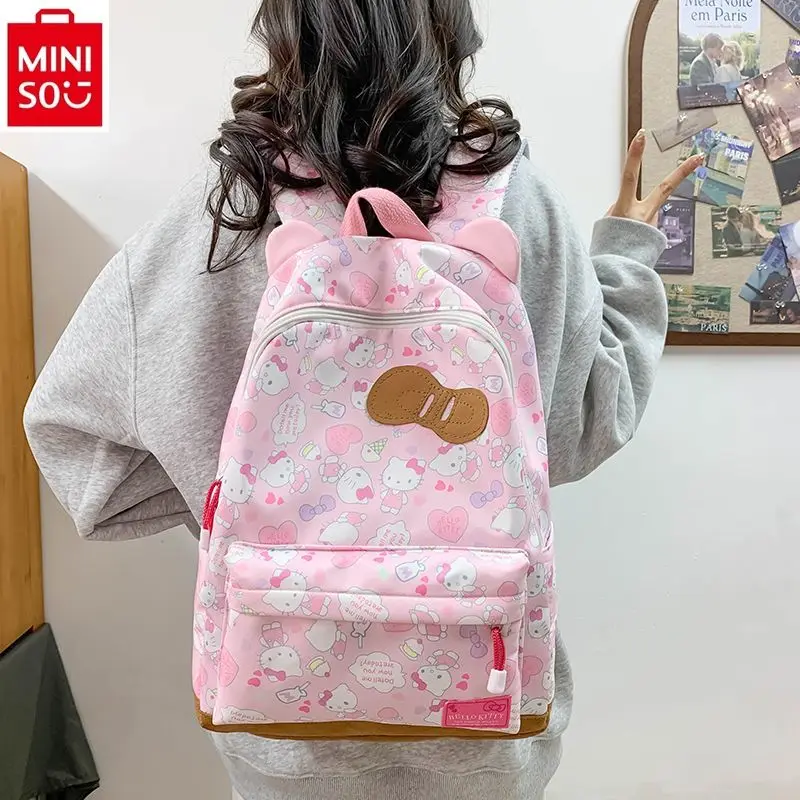 MINISO-Mochila infantil Sanrio de grande capacidade, arco de orelhas, Hello Kitty, estudante leve