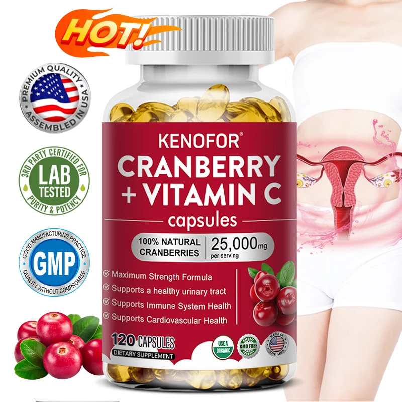 Ekstrak Cranberry + Vitamin C-mendukung sistem urin, kardiovaskular, kulit dan kesehatan tulang, mendukung pencernaan