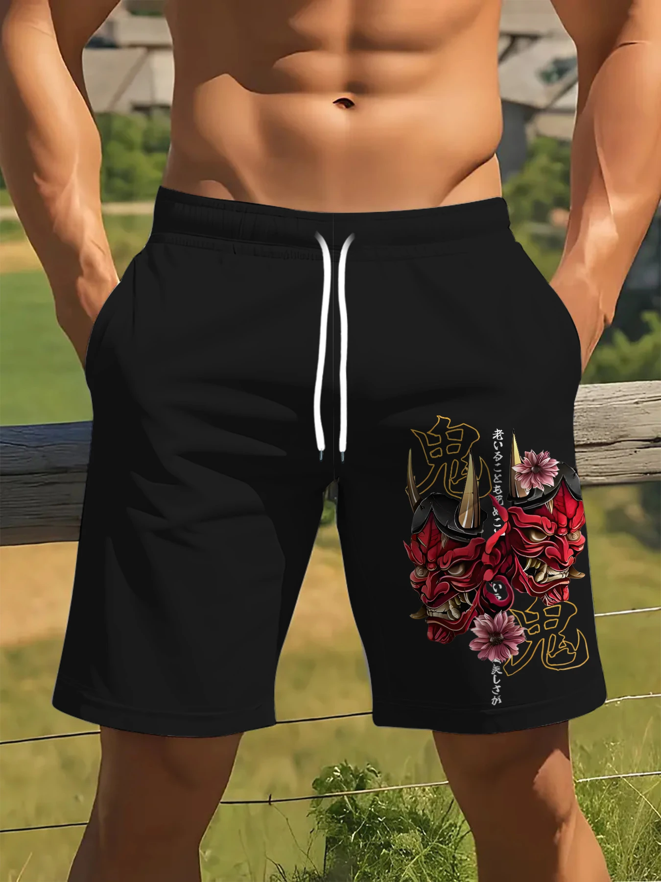 

Summer New Japanese Style Demon Face Print Drawstring Shorts for Men | Casual, Regular Fit, Slight Stretch Fabric