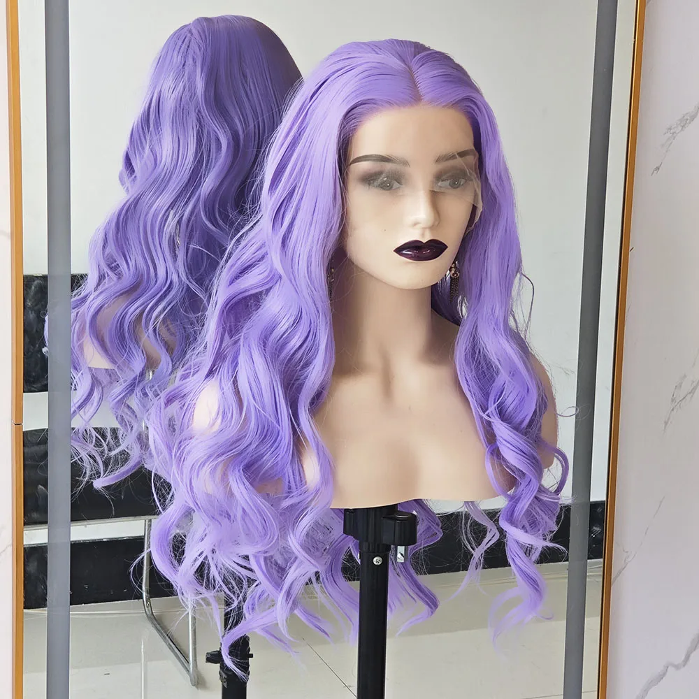 RONGDUOYI Lavender Purple Color Synthetic Wig Natural Hairline Body Wave Lace Front Wigs Fiber Makeup Cosplay Women Use
