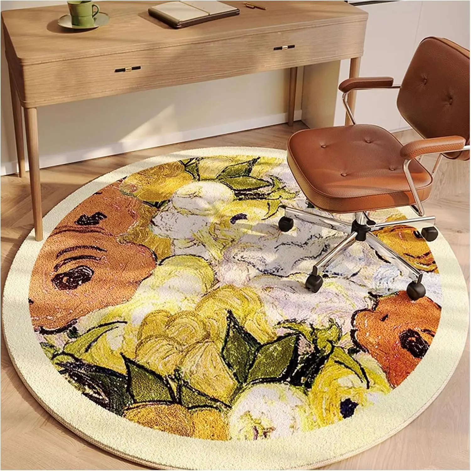 

Abstract Floral Round Rug Yellow Orange Green on Cream for Office or Study Area