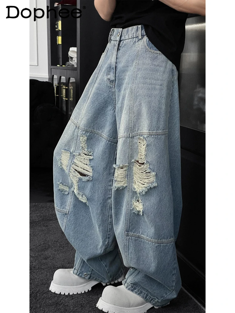 

2026 Men's Spring Summer New Hole Splicing Design Denim Trousers Chic Fashion Jeans High-end Versatile Trendy Curved Denim Pants