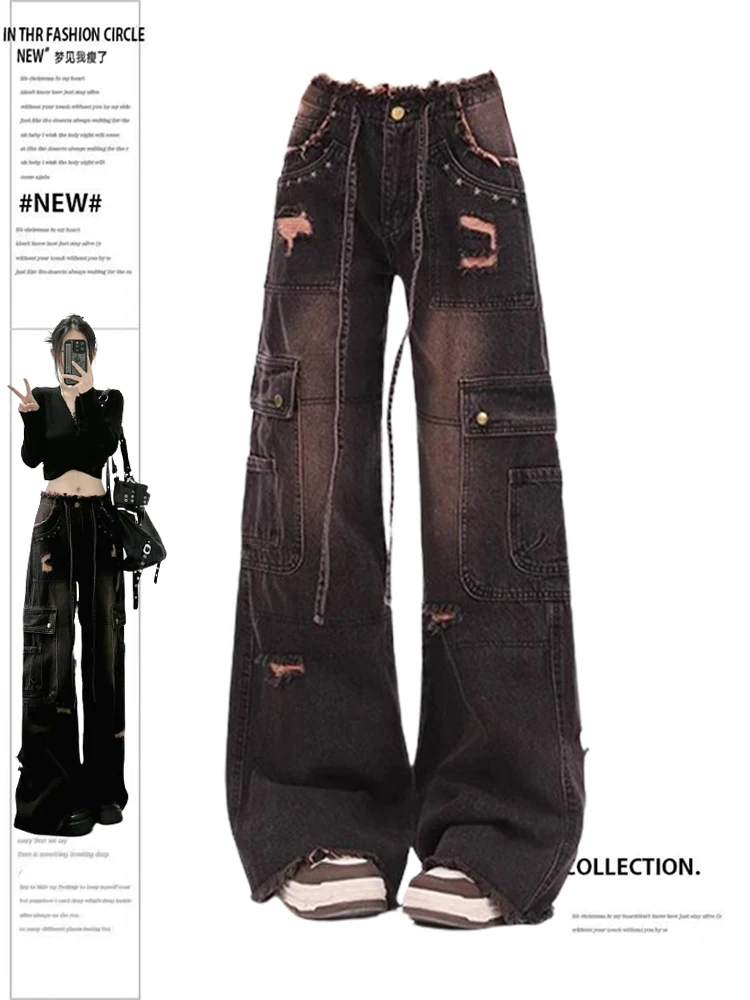 

2000s Tassel Patchwork High Waist Women Jean Cargo Pants Chic Fashion Harajuku Vintage Wide Leg Trousers Loose Pantalones