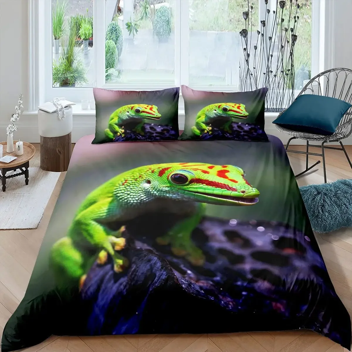 Chameleon Duvet Cover 3D Wild Animal Theme Adults Boys Green Leaf Tropical Rain Forest Area Quilt Cover for Bedroom Decorations