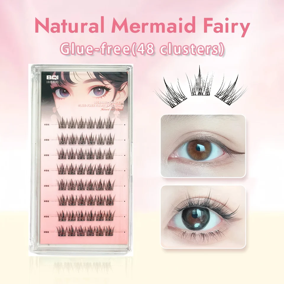BQI pestañas postizas sin pegamento, cola de pescado, princesa perezosa, tallo transparente natural, reutilizables, 48 racimos, gran capacidad 2