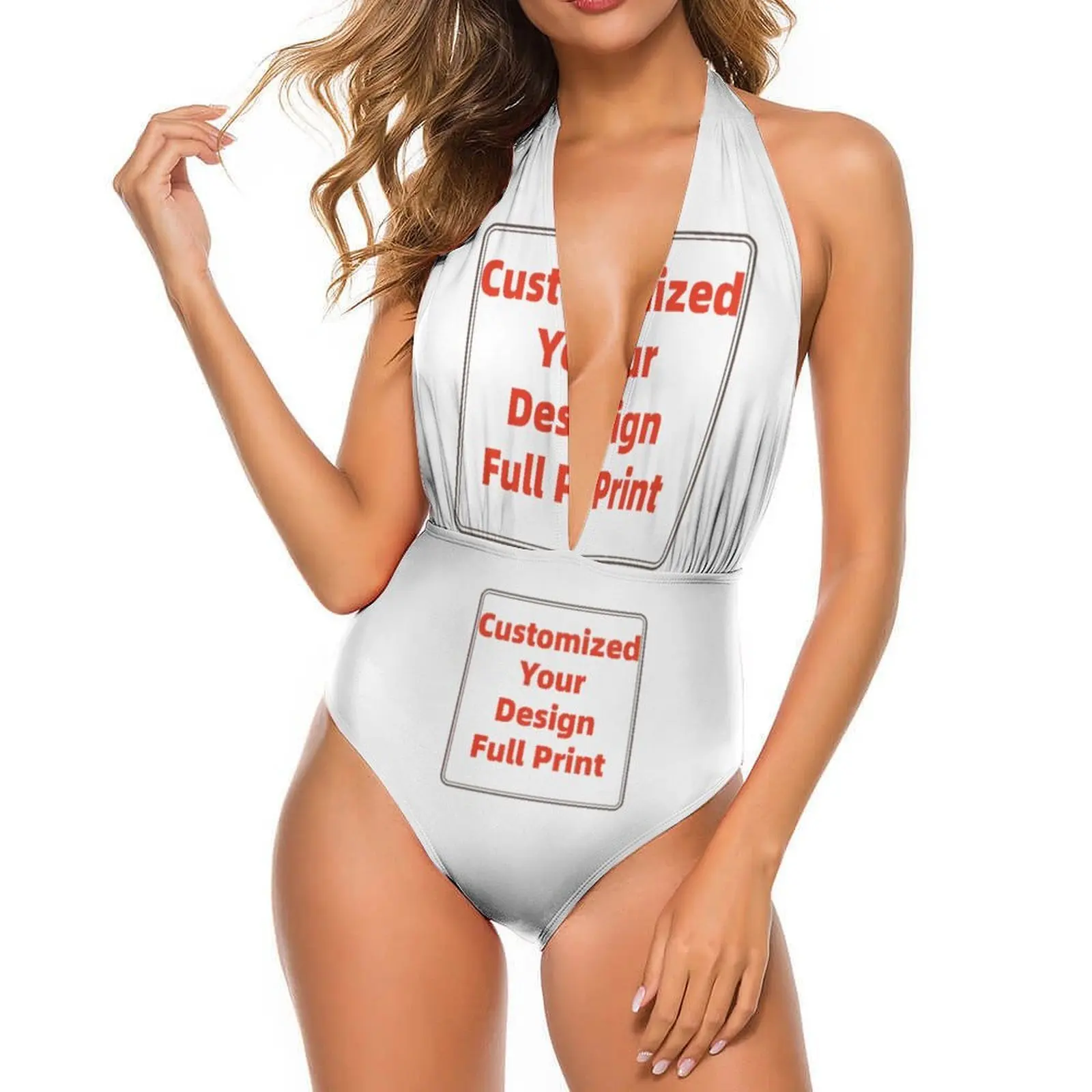 Customized Women's Retro Deep V-Neck Bathing Suit Backless High Waisted One Piece Swimsuit