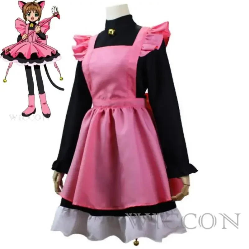 Disfraz de Anime Kinomoto Sakura Card Captor Sakura Cardcaptor, peluca mágica, vestido de gato rosa y negro, uniforme, traje de Halloween