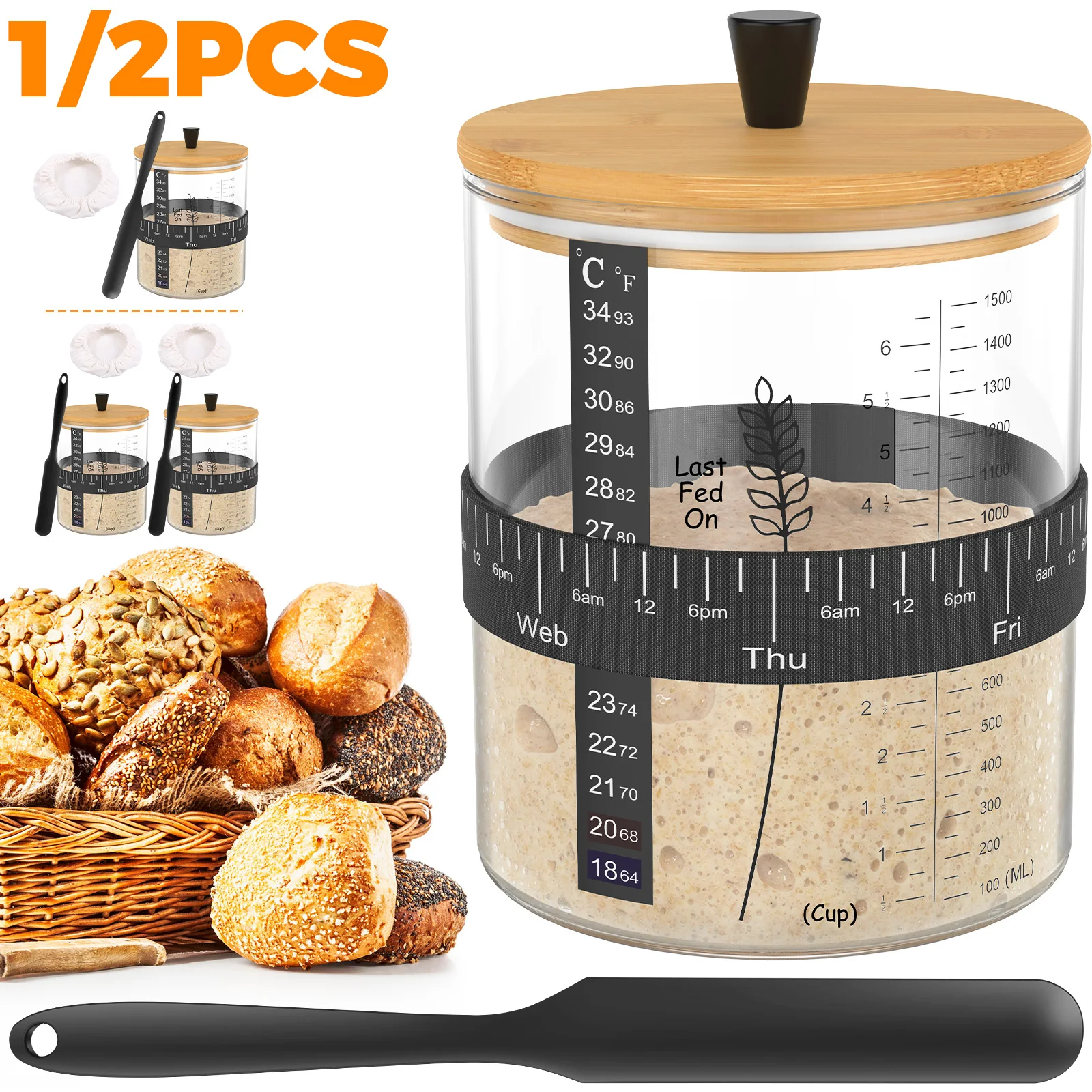 1–2 Set Weithals-Sourdough-Starterglas-Set, 51 Unzen, großes Fassungsvermögen, Sauerteigglas, Küche, Sauerteigbrot, Backzubehör