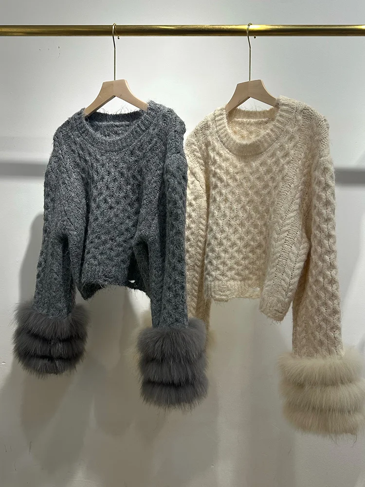 2026 Autumn Short Sweater Coat Real Fox Fur Knitted Sweater Real Fur Full Sleeves Women Female Coats
