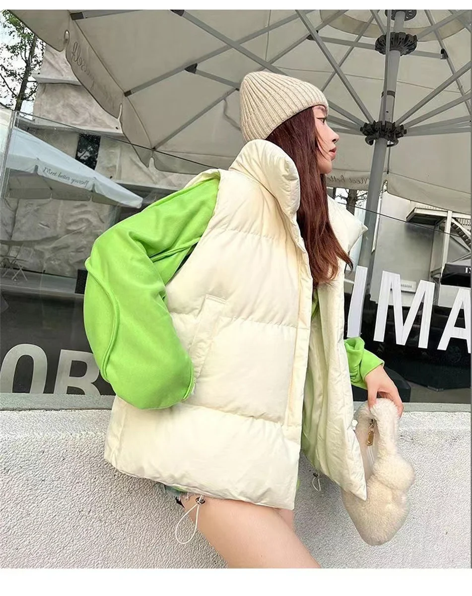 

Winter Women Fashion New 2025 Stand Collar Elegant Down Coats Warm Outerwear Casual Belt Sleeveless Winter Women Vests Jackets