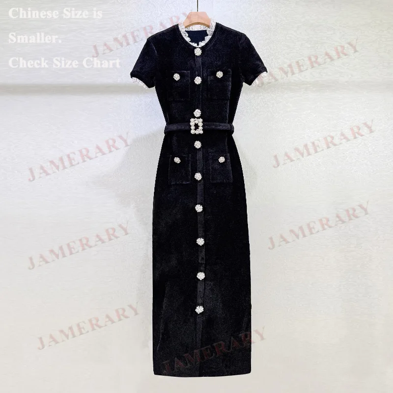 

Autumn Winter Short Sleeve Velvet Knitted Long Dress Women Vintage Elegant Office Lady Single Breasted Diamonds Sheath Dresses