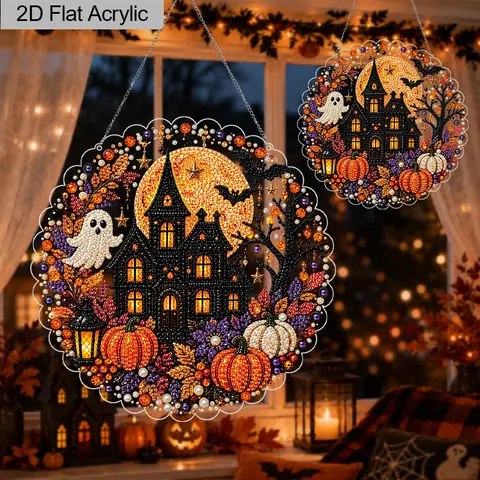 2D Flat 1Pc 20/30cm Acrylic Halloween Diamond Art Suncatcher, DIY Diamond Painting Hanging Ornament, Haunted Castle Ghost Bat