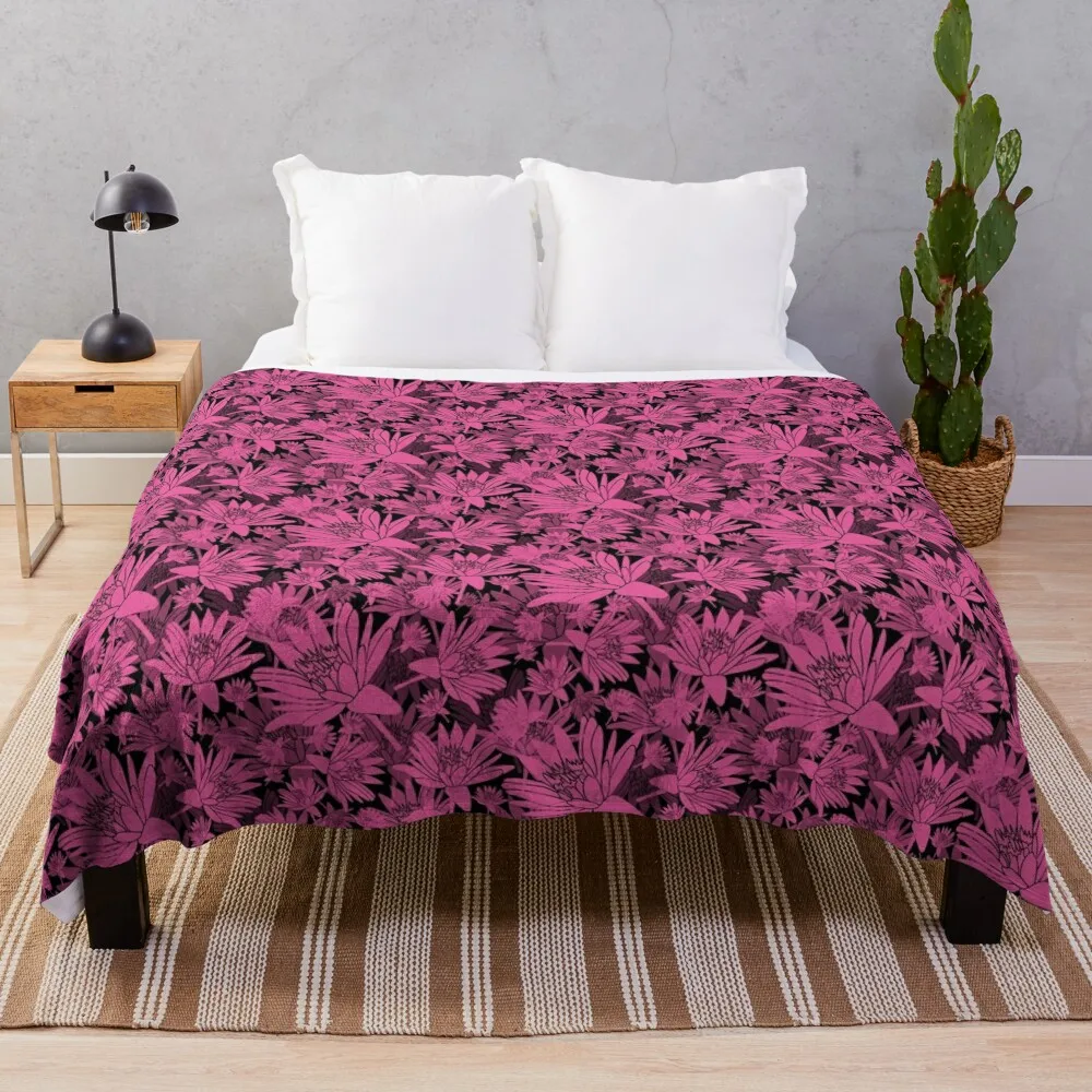 Tossed Lotus Magenta on Black Halfdrop Throw Blanket Summer Picnic Blankets For Bed Blankets