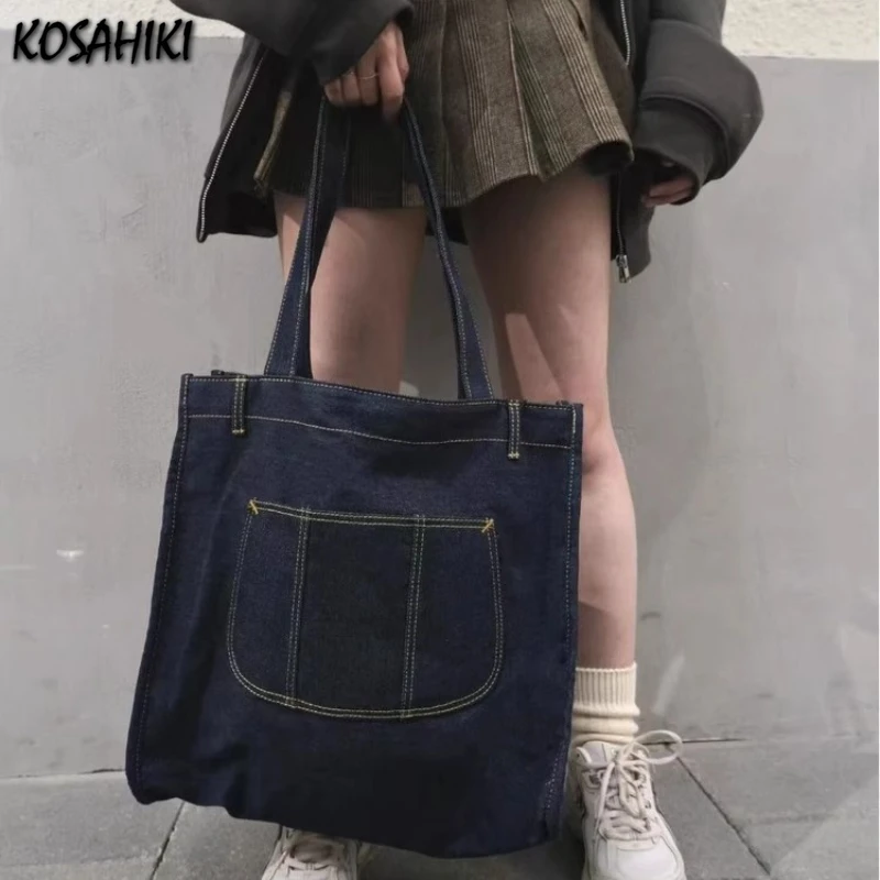 

Korean Fashion Vintage Denim Shoulder Handbags Y2k Aesthetic Simple Casual Underarm Bag High-capacity All Match Tote Bags Women
